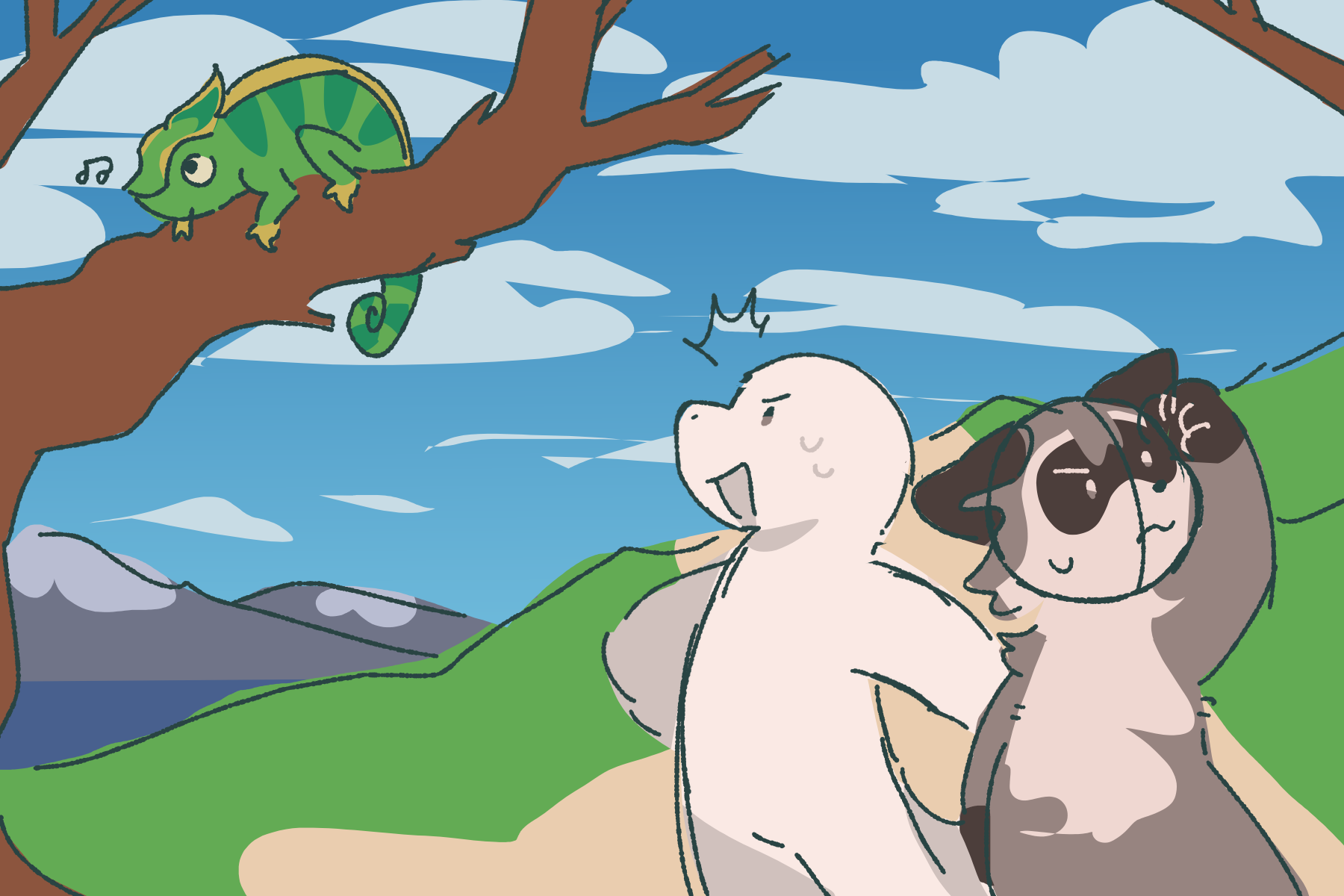 Heidi and Orpheus try to redirect each other to the chameleon